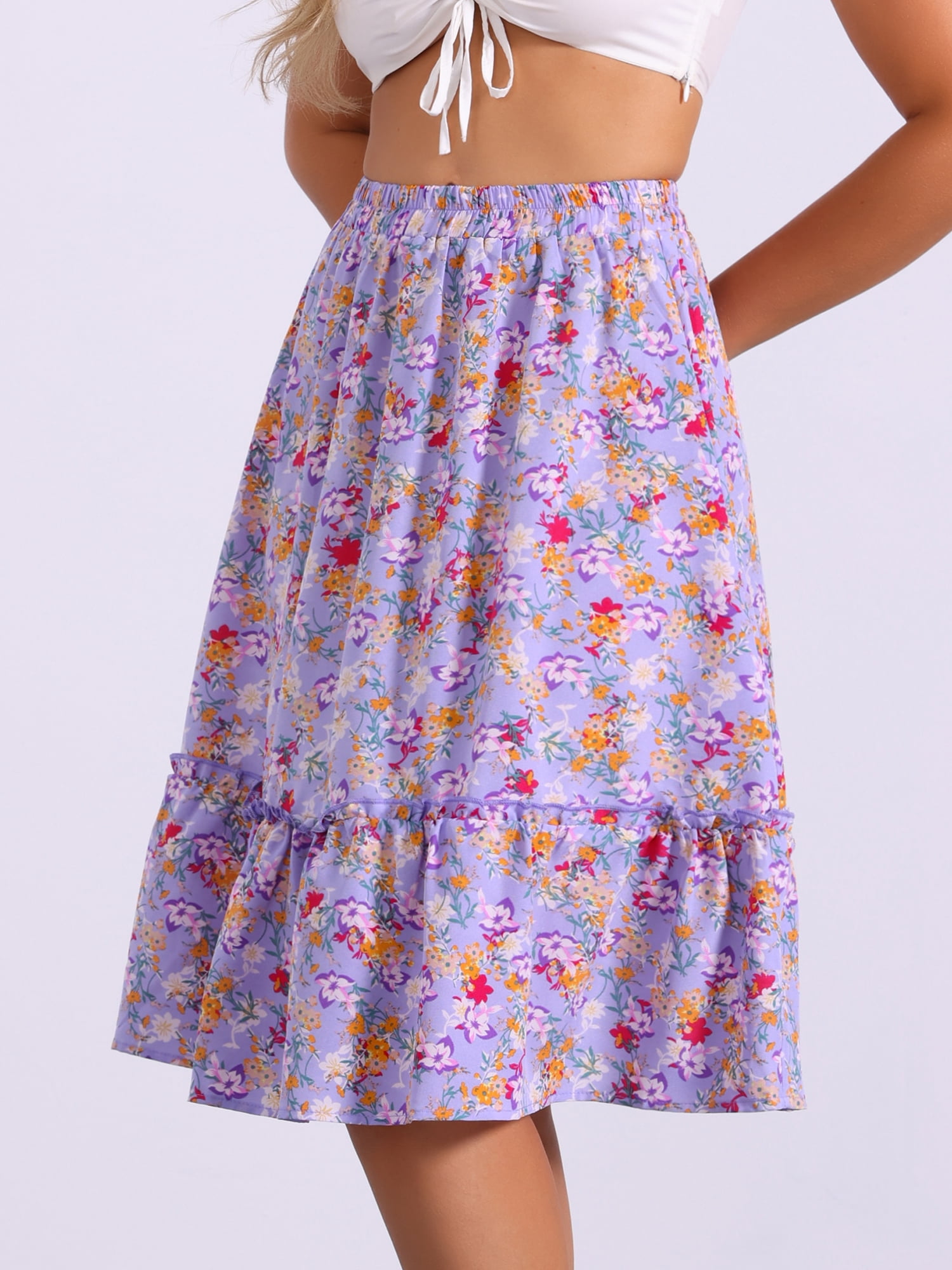 DARING DIVA Women's Flowy Ruffle Hem Tiered Floral Midi Skirt XL Light Purple