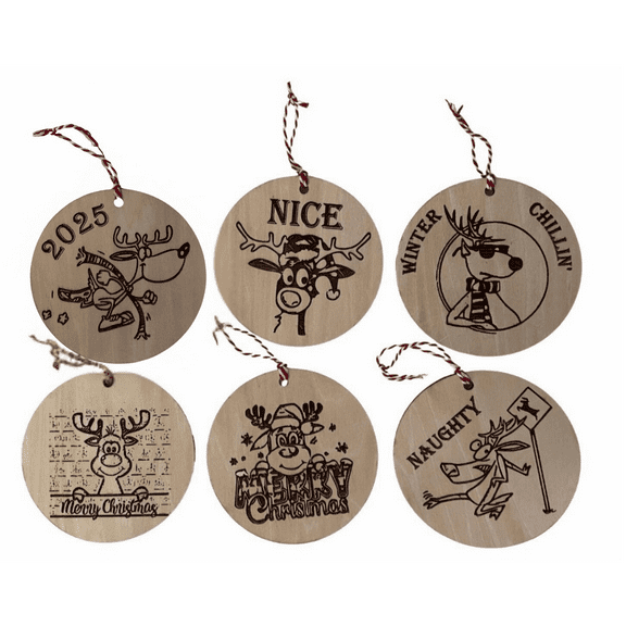 Set of 6 Engraved Wood Christmas Ornaments – Funny Reindeer Holiday Tree Decorations, Rustic 4x4 Hanging Décor for 2025