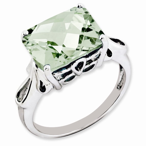 Sterling Silver Rhodium-plated Octagonal Checker-Cut Green Quartz Ring - Size 7