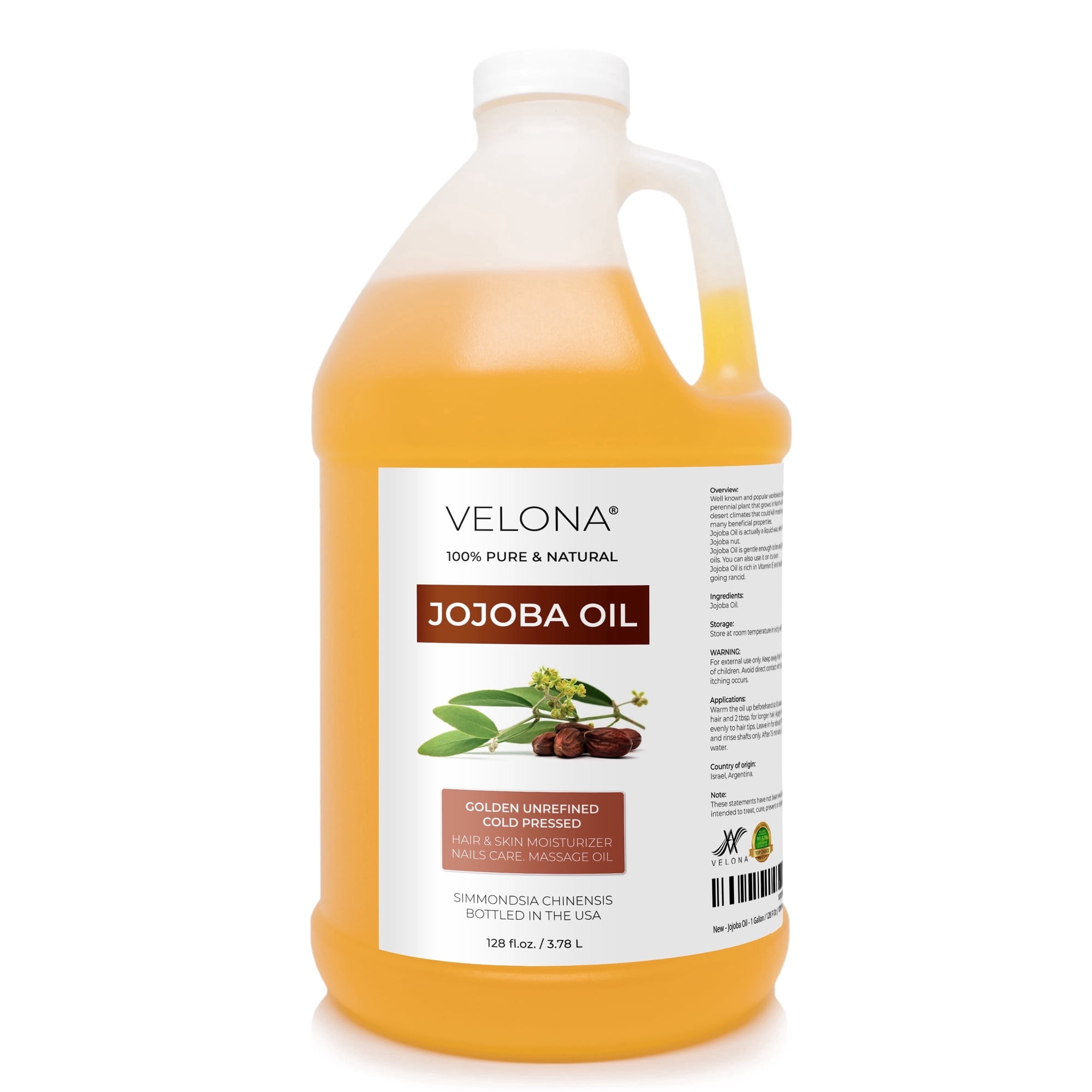 velona Jojoba Oil - 128 fl oz , Unrefined, Cold-Pressed, Golden, Hexane-Free, Bulk