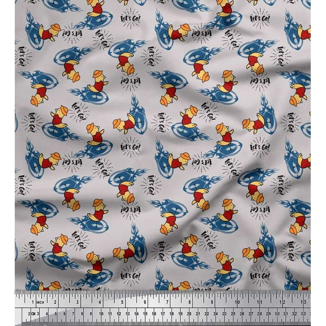 Soimoi Silk Fabric Text,Rugby Ball & Bird Cartoon Printed Craft Fabric by The Yard 42 Inch Wide