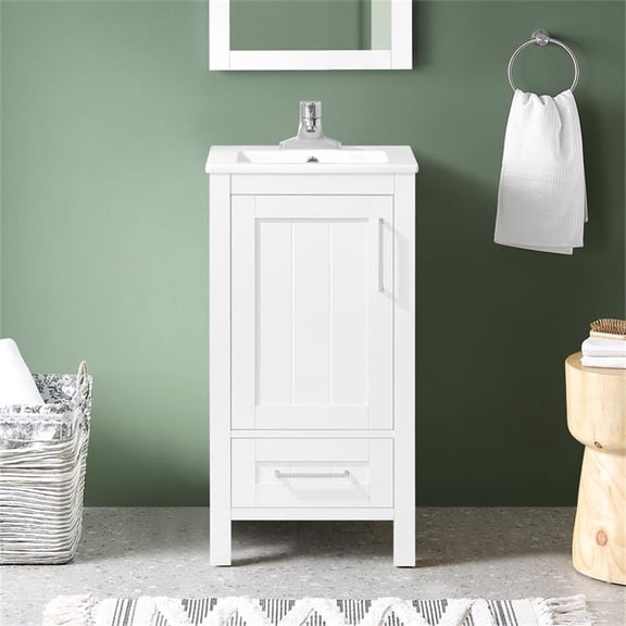 Pemberly Row 18" Bathroom Vanity in White with White Ceramic Vanity Top