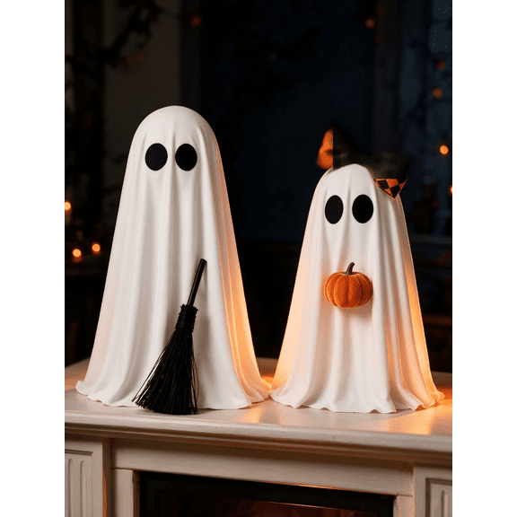 Halloween Decorations, 15.7in Girls Light-Up Ghosts with Pumpkin Broom Halloween Decor Indoor Cute Ghost Decorative Signs Tabletop Decor for Party , Fireplace