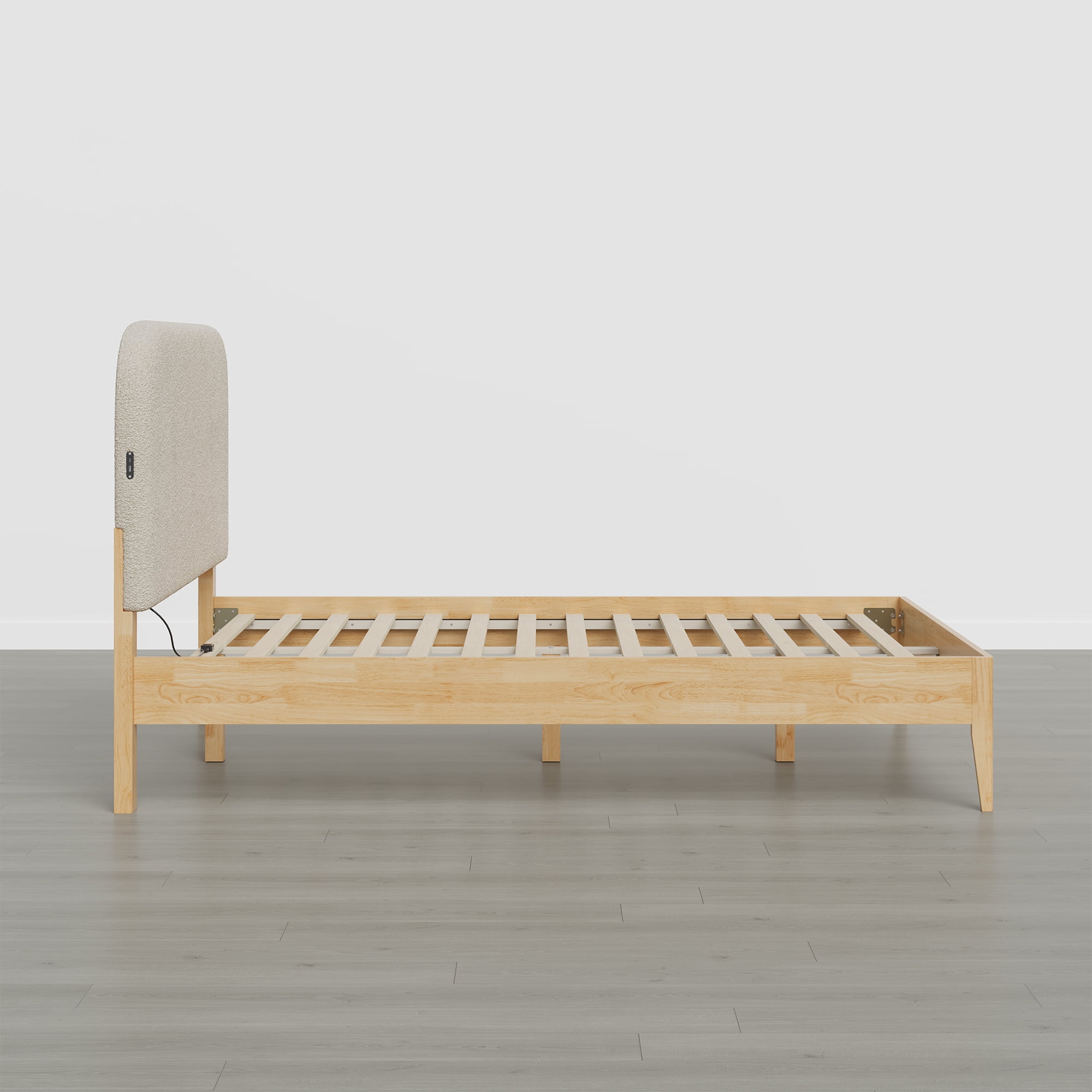 Spruce & Spring Modern Upholstered Bed Frame with Bouclé Headboard, USB & Type-C Charging Ports, Queen