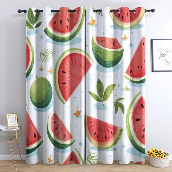 Cartoon Watermelon Kitchen Curtains, Summer Fruit Blackout Curtains Thermal Insulated Small Window Curtains, Food Drapes Grommet For Bedroom Living Room 26"W x 54"L (Pack of 2)