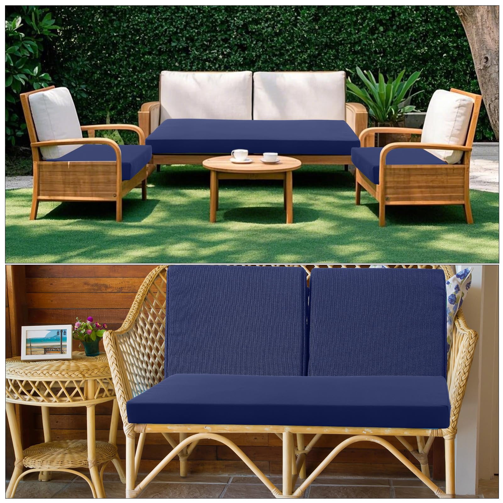 3 Outdoor Chair Cushions Set 44 X 19 Inch Loveseat Tufted Waterproof Patio Furniture Love Seat Pad Cushion For Square Settee Indoor Sofa Wicker Couch Bench(navy Blue)
