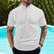 thumbnail image 1 of Blusa y camisa de manga corta con cuello alto para hombre, color liso, informal, con botones, de poliéster., 1 of 6