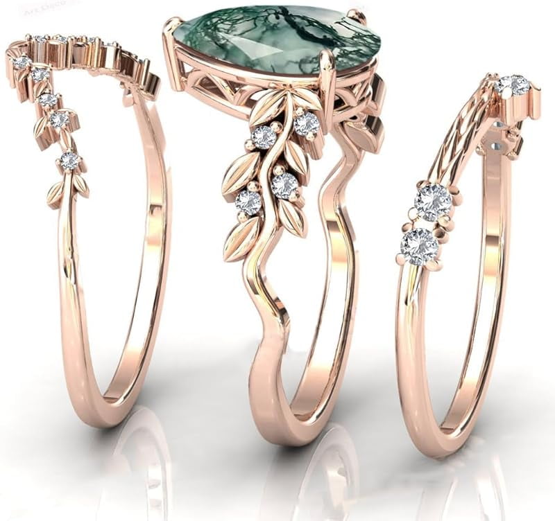 Natural Moss Agate Sterling Silver Rings Set - Leaf Art Deco Hexagon/Pear Moss Agate Engagement Wedding Promise Rings Set - Vintage Unique Bridal Ring Set for Women