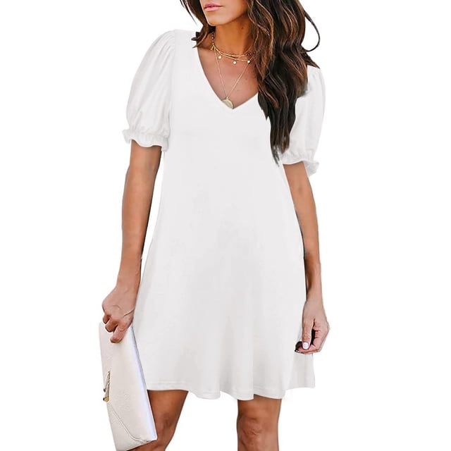 LOVZFMLL Robe d'Été Décontractée pour Femme à Couleur Unie à Manches Courtes avec Poche Robes de Plage Blanc 2TG