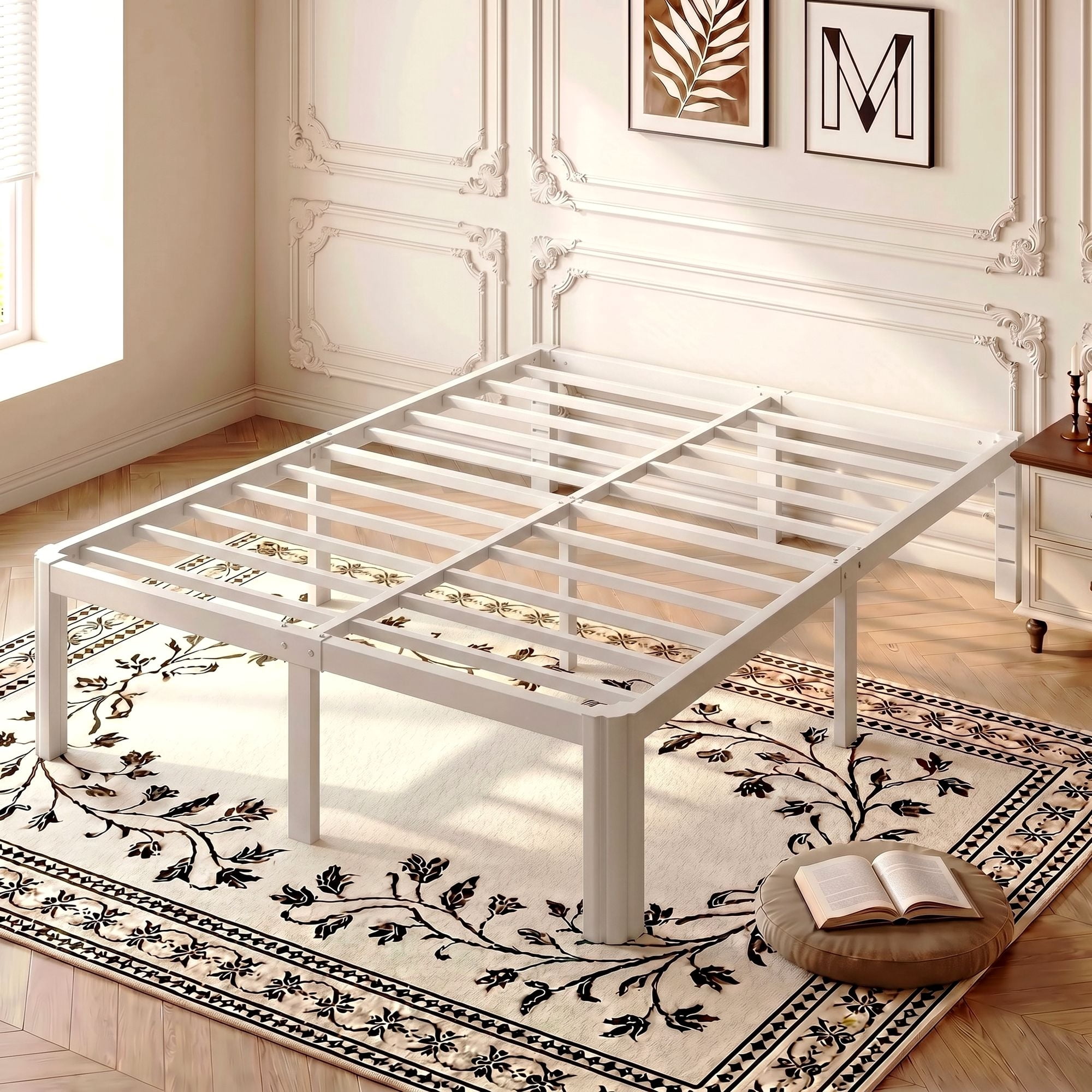 Einfach Queen Bed Frame, Platform Metal Bed with Ample Under-Bed Storage Space, Upgraded Curved Bed Feet, 3500 LBS Capacity, White