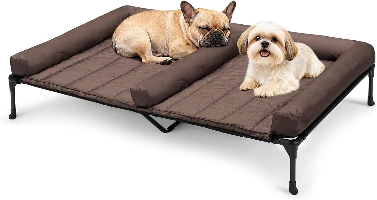 Elevated Dog Bed for Two Dogs, Cooling Raised Dog Bed with Removable Waterproof Bolster Mat, 53" x 37.5" Double Dog Bed, Outdoor & Indoor Pet Cot with Breathable Mesh, Non-Slip Feet, Brown