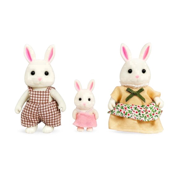 OLEOCA Family White Rabbit Figures — Set of 3 Collectible Flocked Mini Dolls with Removable Clothes, Miniature Dollhouse Pretend Play Figures for Kids Ages 3 