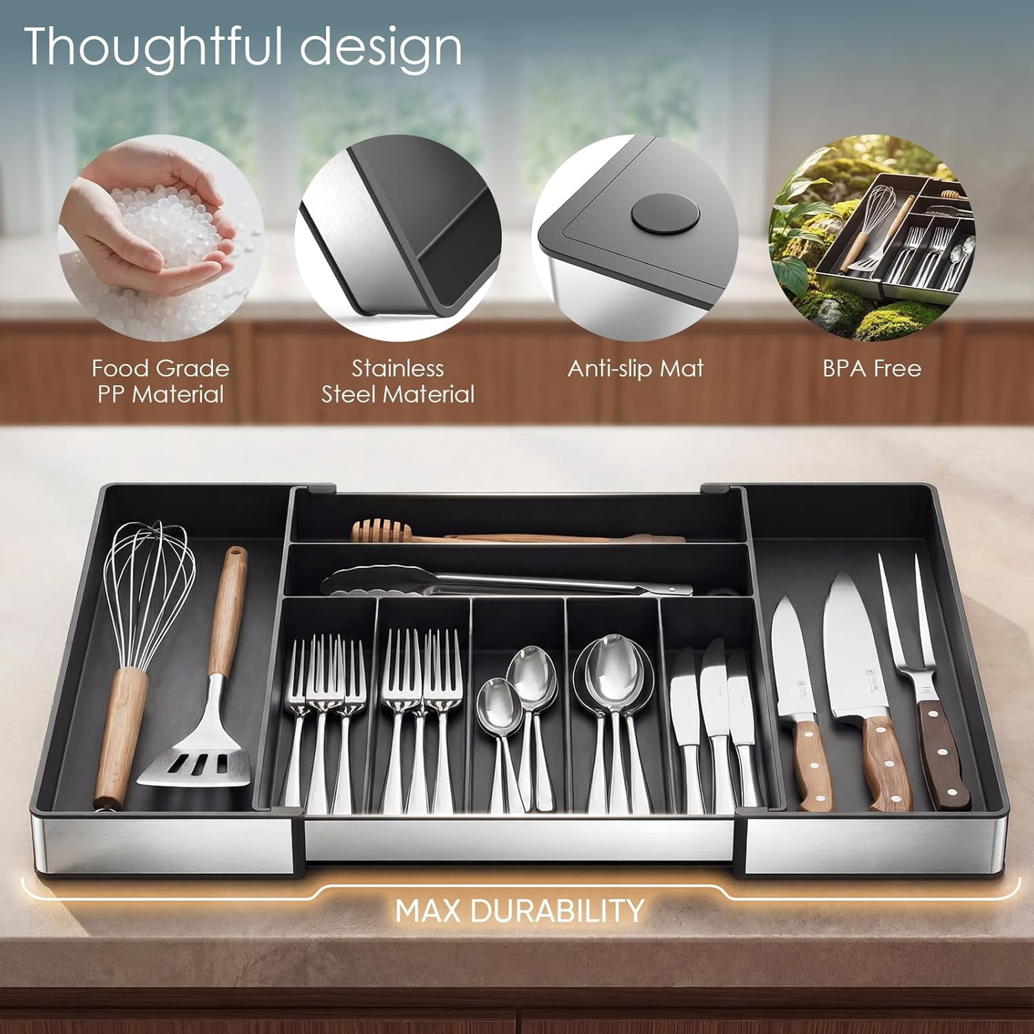 Extra Large Silverware Organizer, Slot Expandable Kitchen Drawer Organizer, Utensil Holder, Heavy Duty Stainless Steel Frame Silverware Drawer Organizer