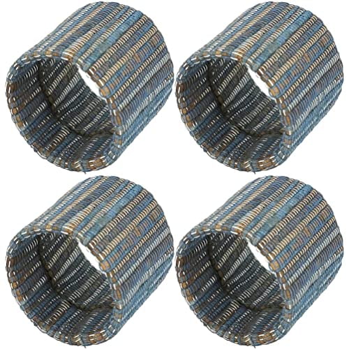 Fennco Styles Braided Water Hyacinth Napkin Rings, Set of 4 - Blue-Grey Shimmering Woven Nubby Napkin Holders for Home, Dining Table, Banquets, Holidays and Special Events