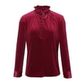 thumbnail image 3 of Honeeladyy Sales Women Velvet Solid Color Ruffle High Neck Shirts Top Lapel Collar Button Up Long Sleeve Loose Blouse Buckle Cuff Pullover, 3 of 9