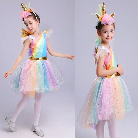 Girls Deluxe Rainbow Unicorn Costume Unique Halloween Everyday Cosplay Dress-Up Unicornio