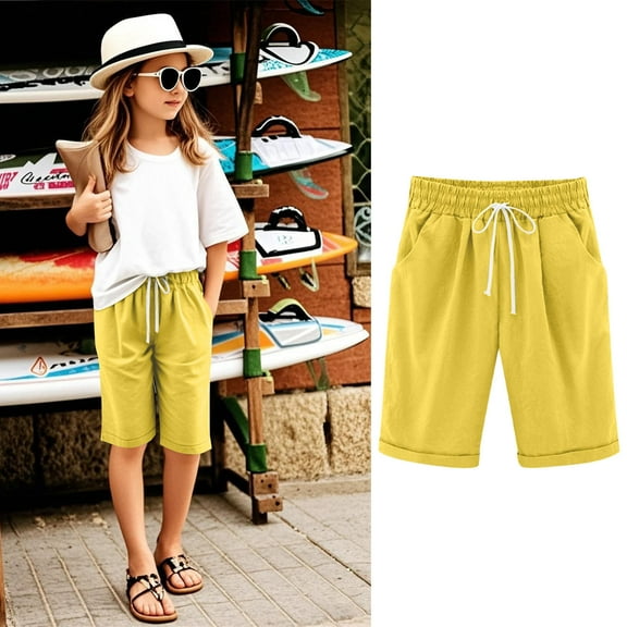 Girls Casual Bermuda Shorts Kids Knee Length High Waisted Summer Shorts Comfy Drawstring Short Pants with Pockets