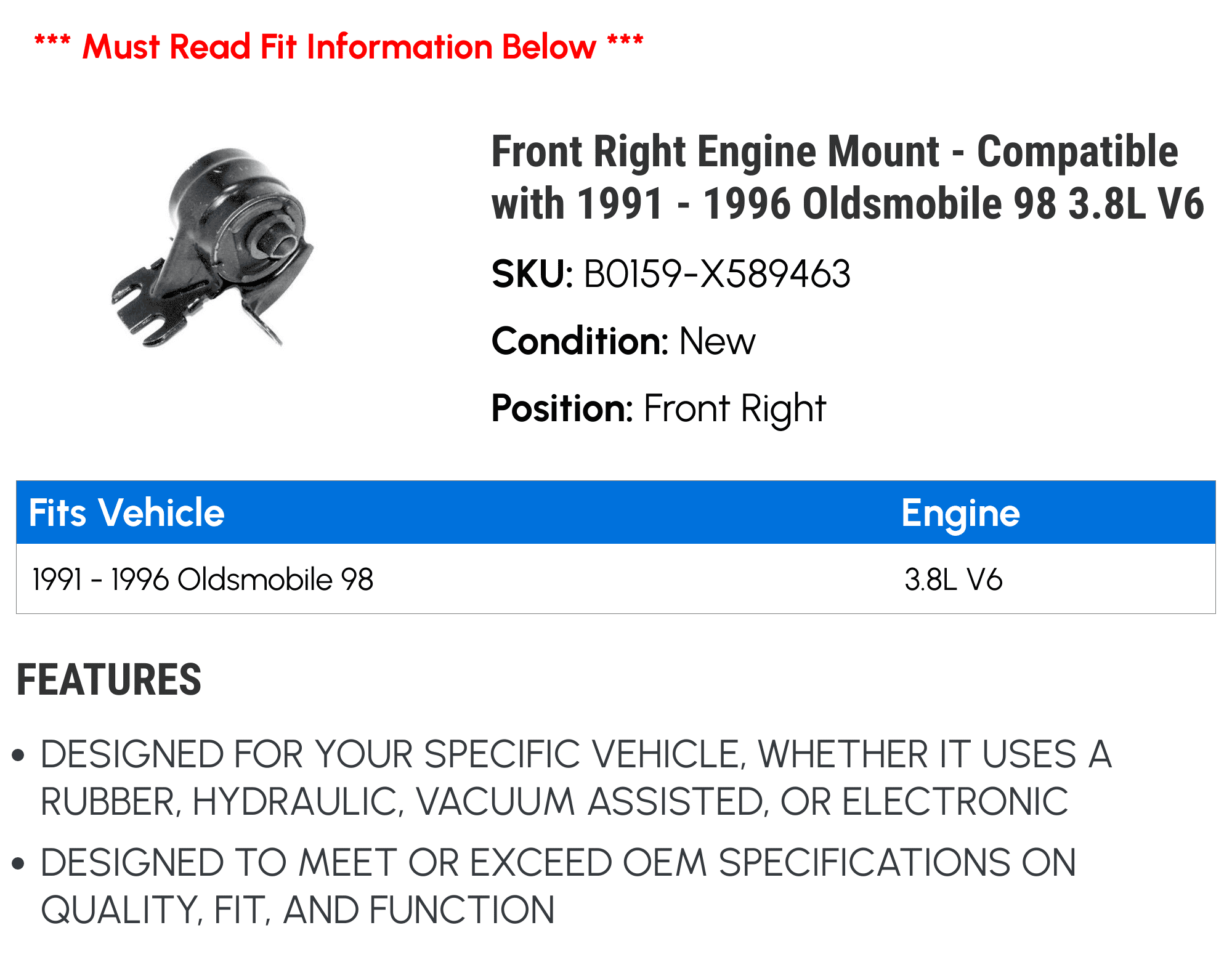 Front Right Engine Mount - Compatible with 1991 - 1996 Oldsmobile 98 3.8L V6 1992 1993 1994 1995