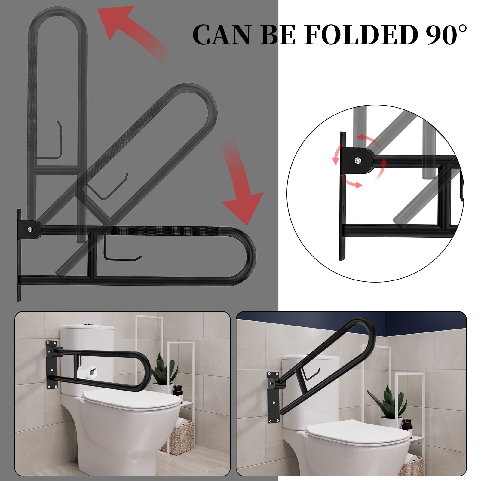 Toilet Grab Bar 30.3 Inch, ZUEXT U Shaped Anti-Slip Black Support Rail, Flip-Up Bathroom Grab Bar with Paper Holder, Stainless Steel Knurled Handicap Safety handrails for Elderly Disabled Pregnant