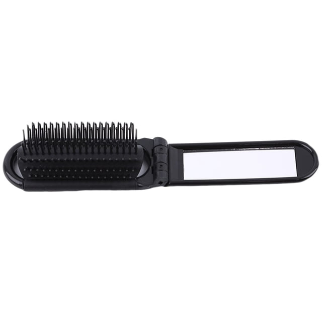 Negro 1 cepillo de pelo plegable con espejo, minicepillo de pelo portátil, peine pequeño y compacto de bolsillo para viajes escolares familiares