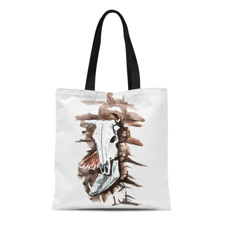 - LADDKE Canvas Tote Bag Watercolor Bull Cow Skull Broken Horn Jaw Boar Reusable Shoulder Grocery Shopping Bags Handbag