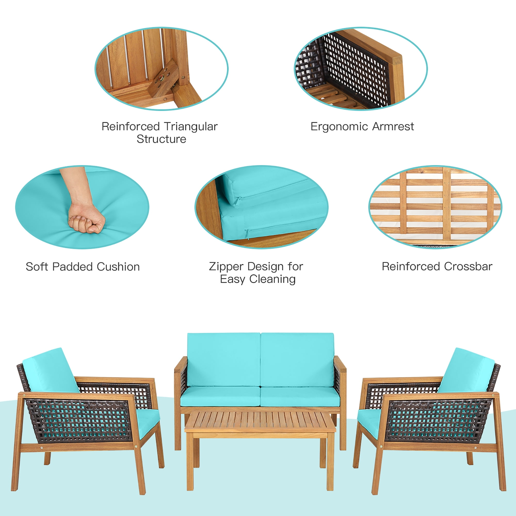 Costway 4PCS Patio Rattan Furniture Set Acacia Wood Cushioned Sofa Turquoise