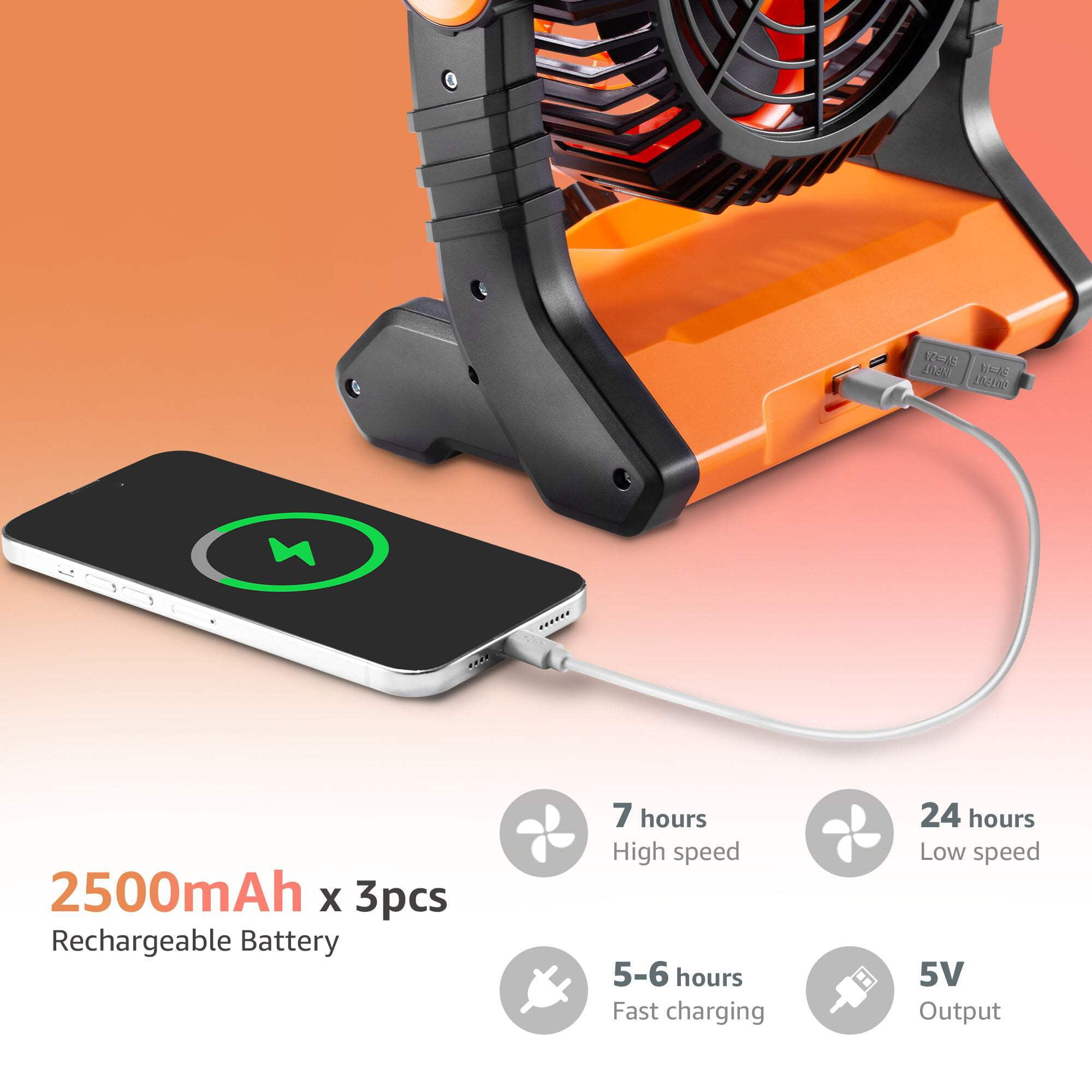 Ludger 7" 3-in-1 Rechargeable Fan (EL-705WF), Portable, LED, Long Battery life, Multi Charging Port, Compact Size, Carrying Handle, Quiet Cooling, 270 Degree Rotation, Camping