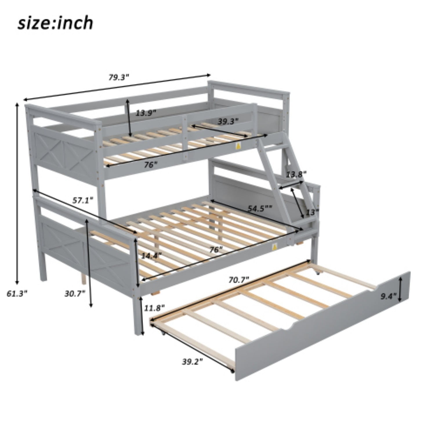 Twin Over Full Bunk Bed with Twin Trundle, Convertible Wood Bunk Bed with Ladder and Safety Guardrails, Twin Full Bed Frame for Kids Bedroom, Gray