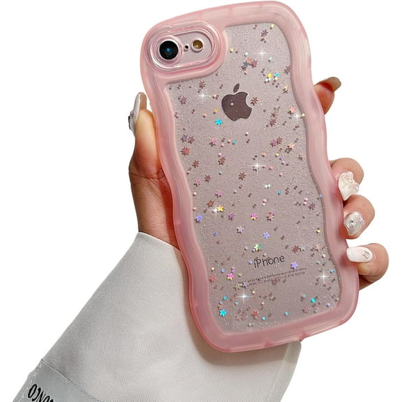 Compatible with iPhone 7/8,iPhone SE 2020/SE 2022 Case for Girls Women,Cute Clear Sparkly Bling Star Design Curly Simple Wave Case Shockproof Protective Slim Soft TPU Glitter Cover-Pink
