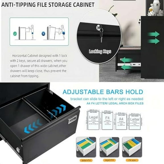 2-Drawer Metal File Cabinet with Lock, Large Capacity Filing Cabinet for Letter/Legal/F4 Size Documents, Heavy-Duty Office Storage Organizer, Black, Black