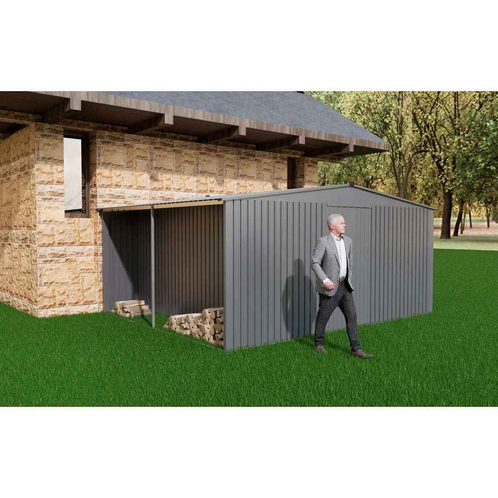 Versatile 11ft x 13ft Grey Outdoor Storage Shed – Dual Function as Metal Shed and Firewood Shed! Perfect for Organizing Tools and Storing Firewood in Style!