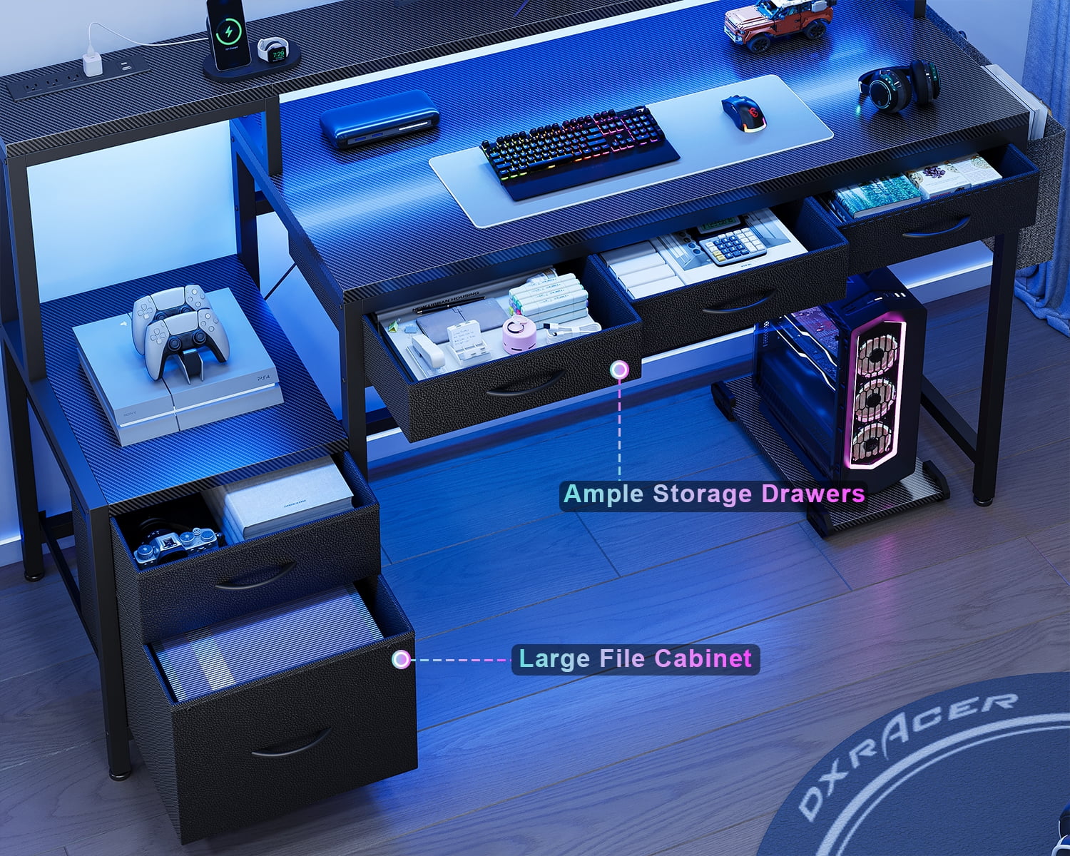 GUNAITO 60 inch Gaming Desk with 5 Fabric Drawers & Storage Shelves, Computer Desk with LED Lights & Charging Station, Carbon Fiber Black