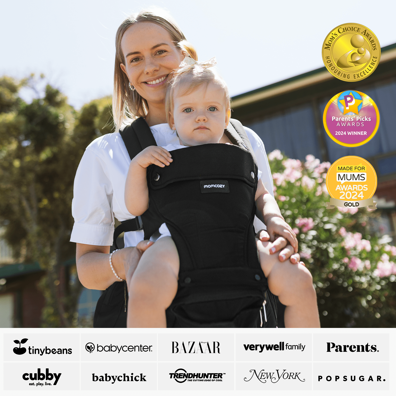 Momcozy Baby Carrier with Hip Seat, 2-in-1 Detachable Infant Hip Seat Carrier for Toddlers up to 44lbs. Breathable for Hands-Free Carrying. Fits Waist Sizes up to 47 Inches for Mom & Dad