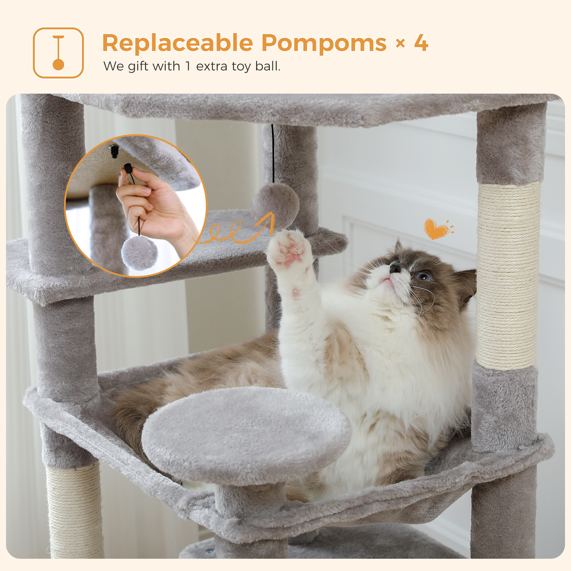 Pawz Road 73" Multi-Level Cat Tree with Sisal Posts, Gray photo 7