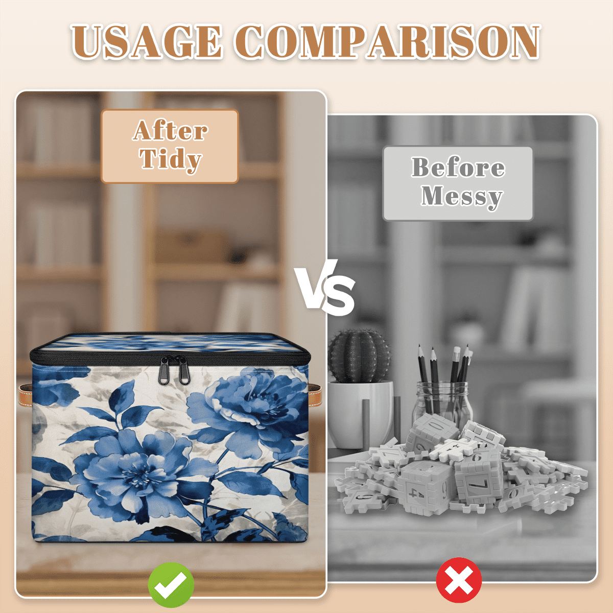 CURLYOOT Watercolor Blue Flower Storage Bin with Zipper Lid, Fabric Decorative Lidded Storage Baskets Boxes, Foldable Organizer Container Basket for Bedroom Closet Shelf