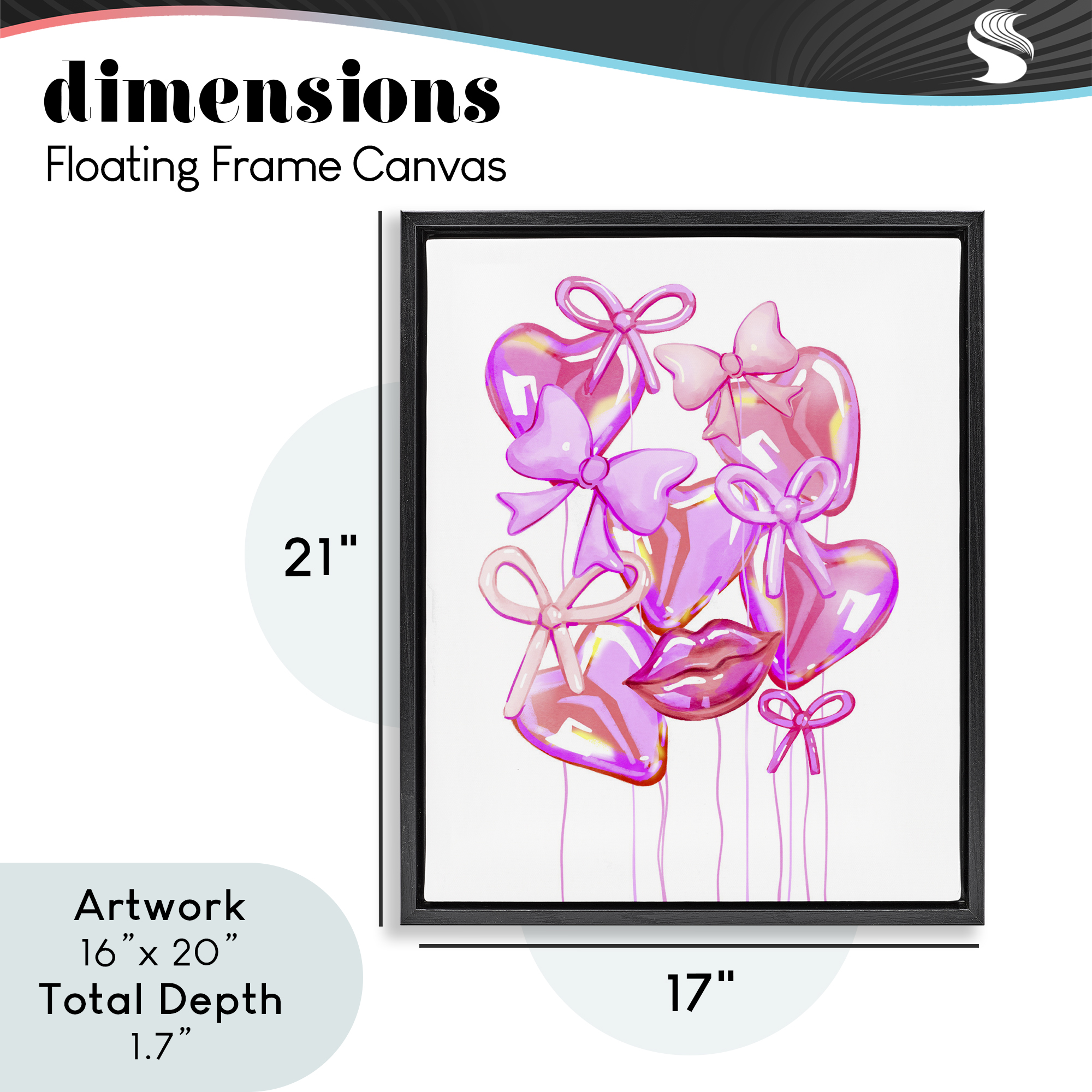 Pink Heart and Bow Balloons Black Framed Floater Canvas Wall Art, design by Ziwei Li