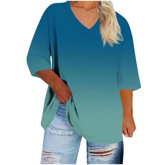 cfhntfmh Women's Plus Size T Shirts Oversized 3/4 Sleeve Tees Summer V Neck Tunic Tops Fashion Beach Vacation Clothes