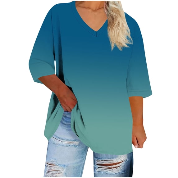 Gamivast 3/4 Sleeve Tops for Women Plus Size Oversized V Neck Gradient Tunic Tee Shirts Casual Loose Drop Shoulder Blouse Fashion Clothing S-5Xl