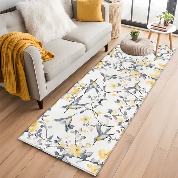Yellow Floral Spring Kitchen Runner Rug 2x6 Washable Runners for Hallway Non Slip Gray Summer Botanical Birds Pastoral Large Area Rug Indoor Floor Carpet for Bathroom Laundry Entryway Bedroom