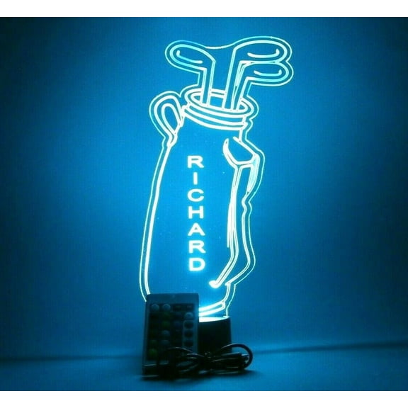 Golf Bag & Clubs Night Light Up Table Desk Lamp LED Player Golfer Hole in One Game Sports Personalized Name, Our Newest Feature - It's Wow, with Remote, 16 Color Options, Free Engraved, Great Gift