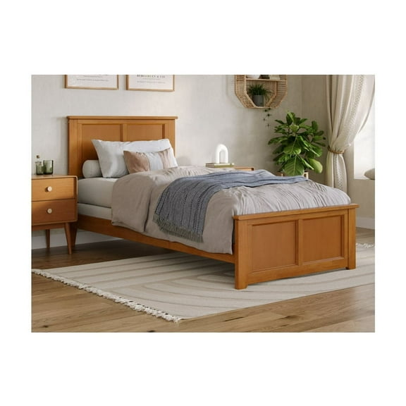 Twin XL Bed Frame with Footboard - Solid Wood Bed, USB Charging - Light Toffee Finish