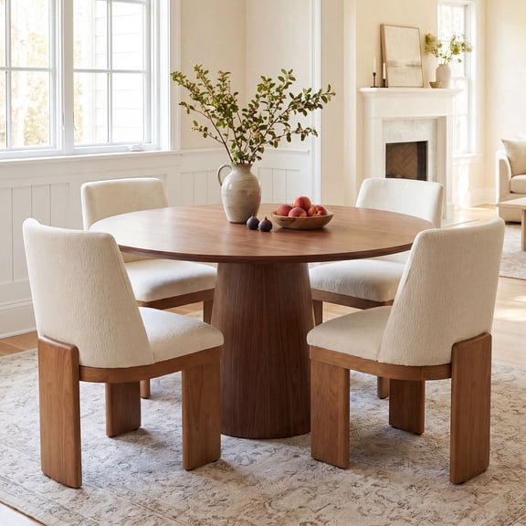 Dayalane Modern Upholstered Dining Chairs Set of 4, Linen Fabric Dining Room Chairs with Chunky Wooden Block Legs, Minimalist Armless Kitchen Chairs, Cream