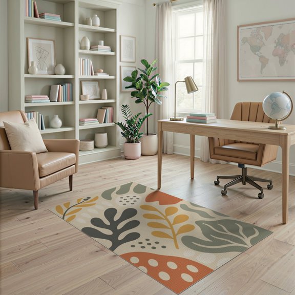 ODIKA 4'x6' Earthy Tones Mid-Century Modern Design Washable Area Rug Abstract Botanical Pattern with Retro Flair for Home Office, Under Desk, Non-Slip Chair-Friendly, Flatwoven