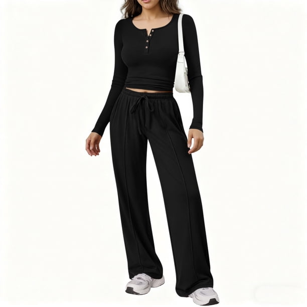 TaTaai Women's Home Wear Set, Long Sleeve Round Neck Top with Drawstring Pocket Pants, Soft Two Piece Matching Outfit for Casual Daily Lounge Gift