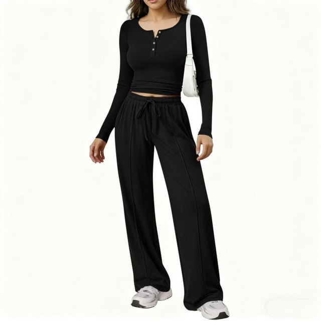 TaTaai Women's Home Wear Set, Long Sleeve Round Neck Top with Drawstring Pocket Pants, Soft Two Piece Matching Outfit for Casual Daily Lounge Gift