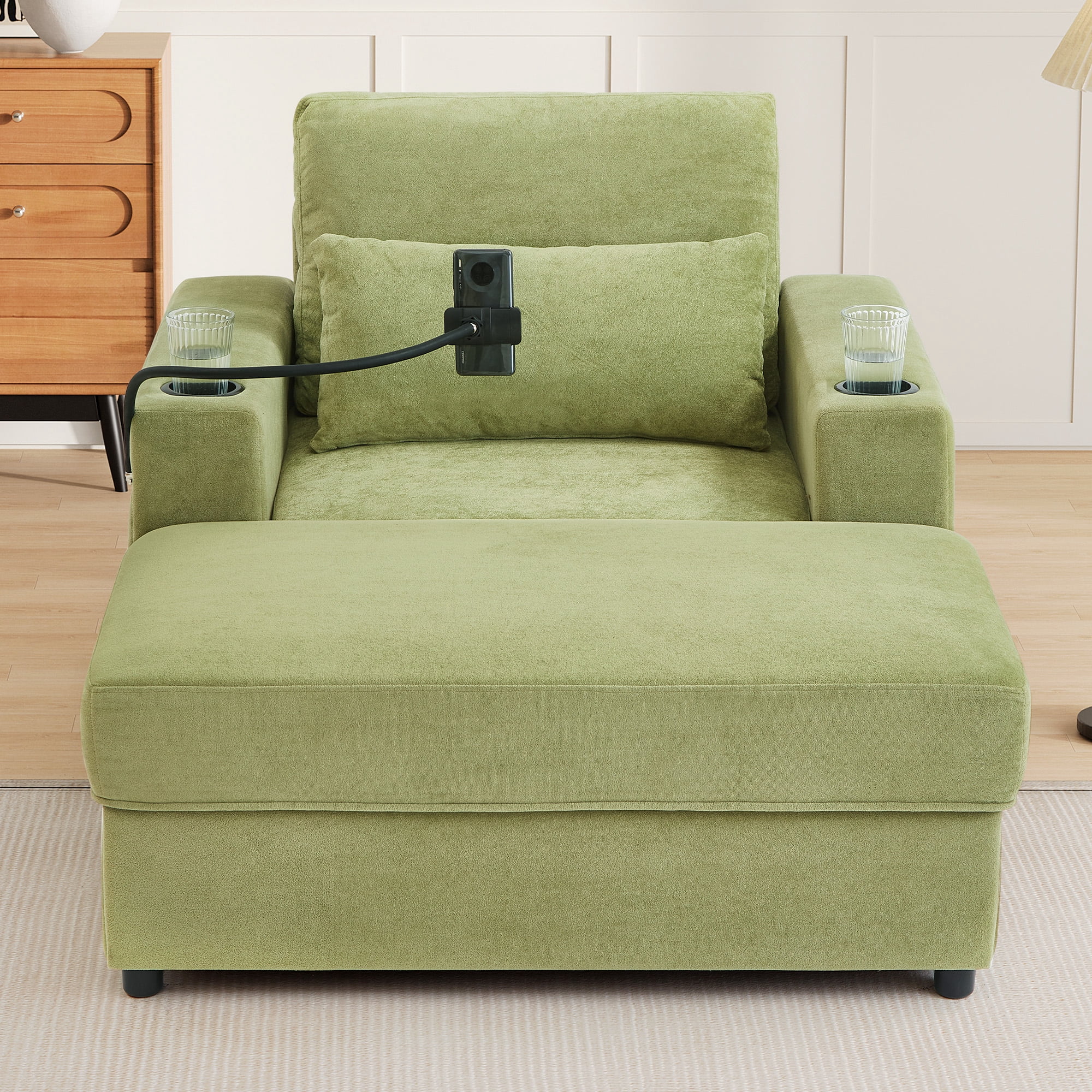 Euroco Convertible Chenille Recliner Chair with Storage Ottoman, USB Ports, Cup Holders & Phone Stand – Sleeper Armchair with Adjustable Backrest for Small Spaces