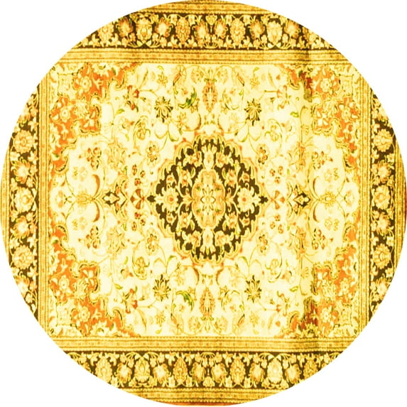 Ahgly Company Machine Washable Indoor Round Medallion Yellow Traditional Area Rugs, 7' Round