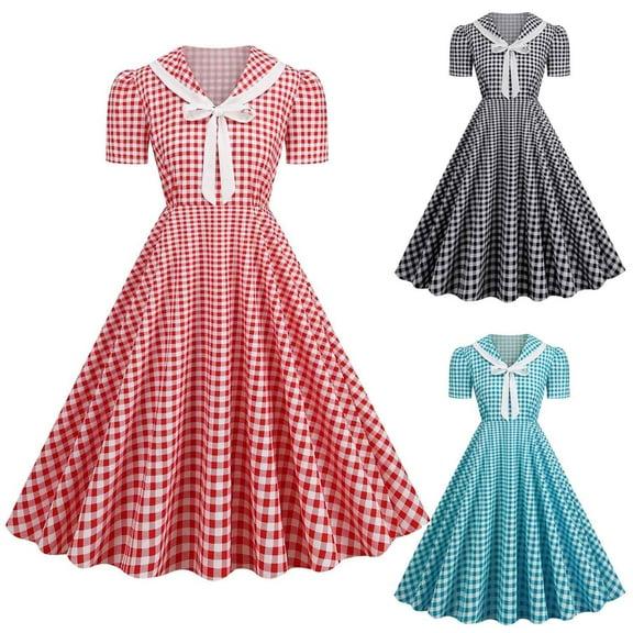 Aboser Vintage 1950s Dresses for Women Disco Party Swing Dress Elegant Puff Short Sleeve Dresses Flowy A Line Dance Dress Casual Checked Midi Dresses