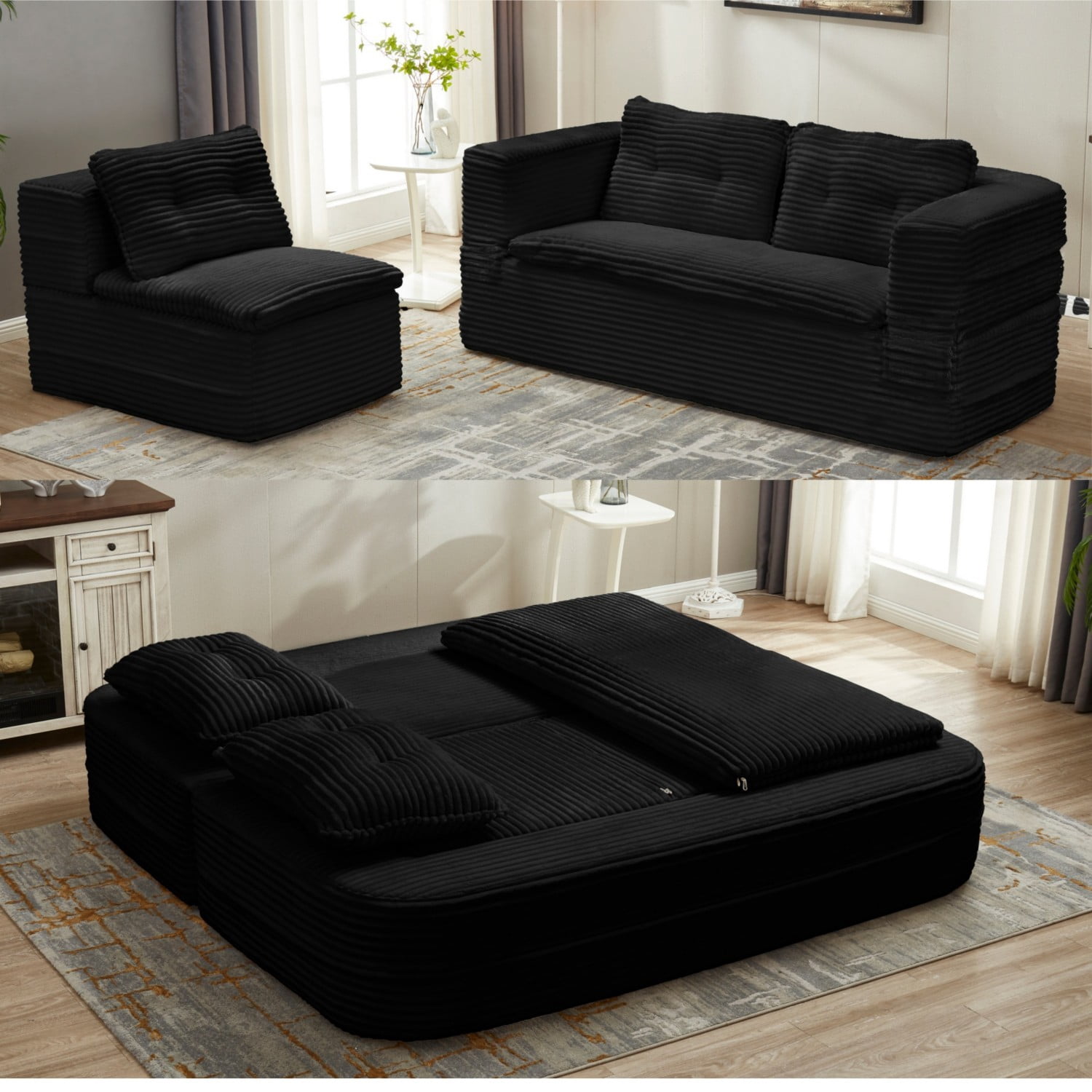 80" Convertible Sectional Sofa Bed with Independent Chaise Lounge, Corduroy Deep Seat Couch, King Size Floor Sleeper Sofa with Convertible Blanket, Black