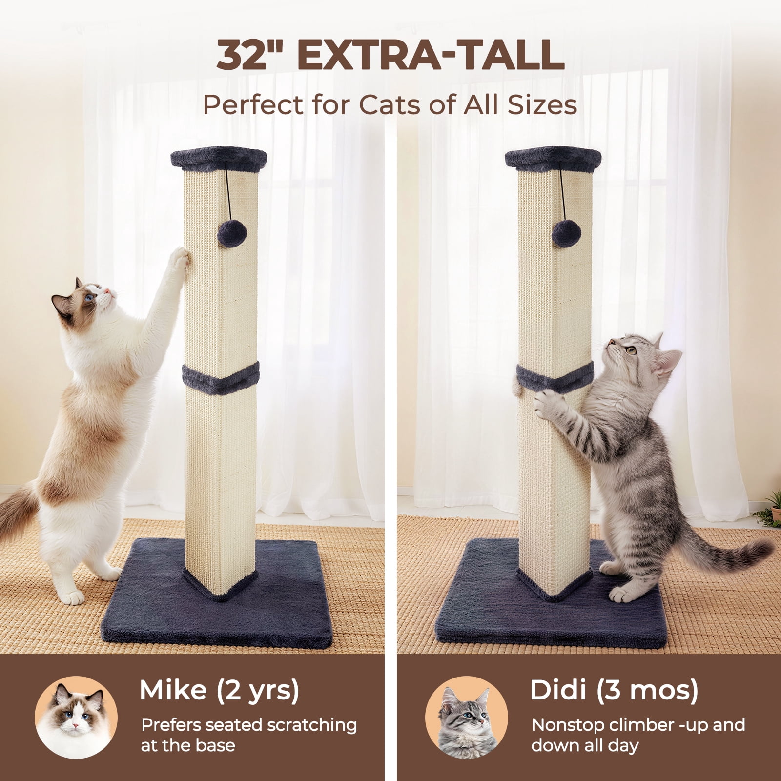 32" Tall Natural Sisal Cat Scratching Post for Indoor Sturdy Cat Scratcher with Plush Large Base, Green